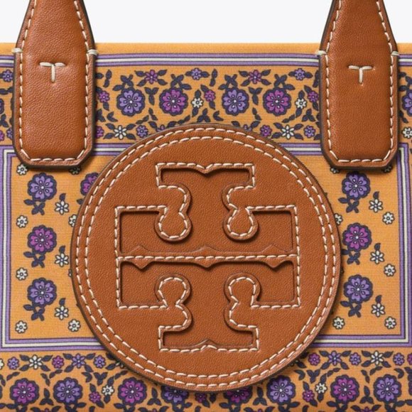 Tory Burch Ella Printed Tote Bag Large Brown Floral Daisy Border + TB Gift Bag - Picture 6 of 13